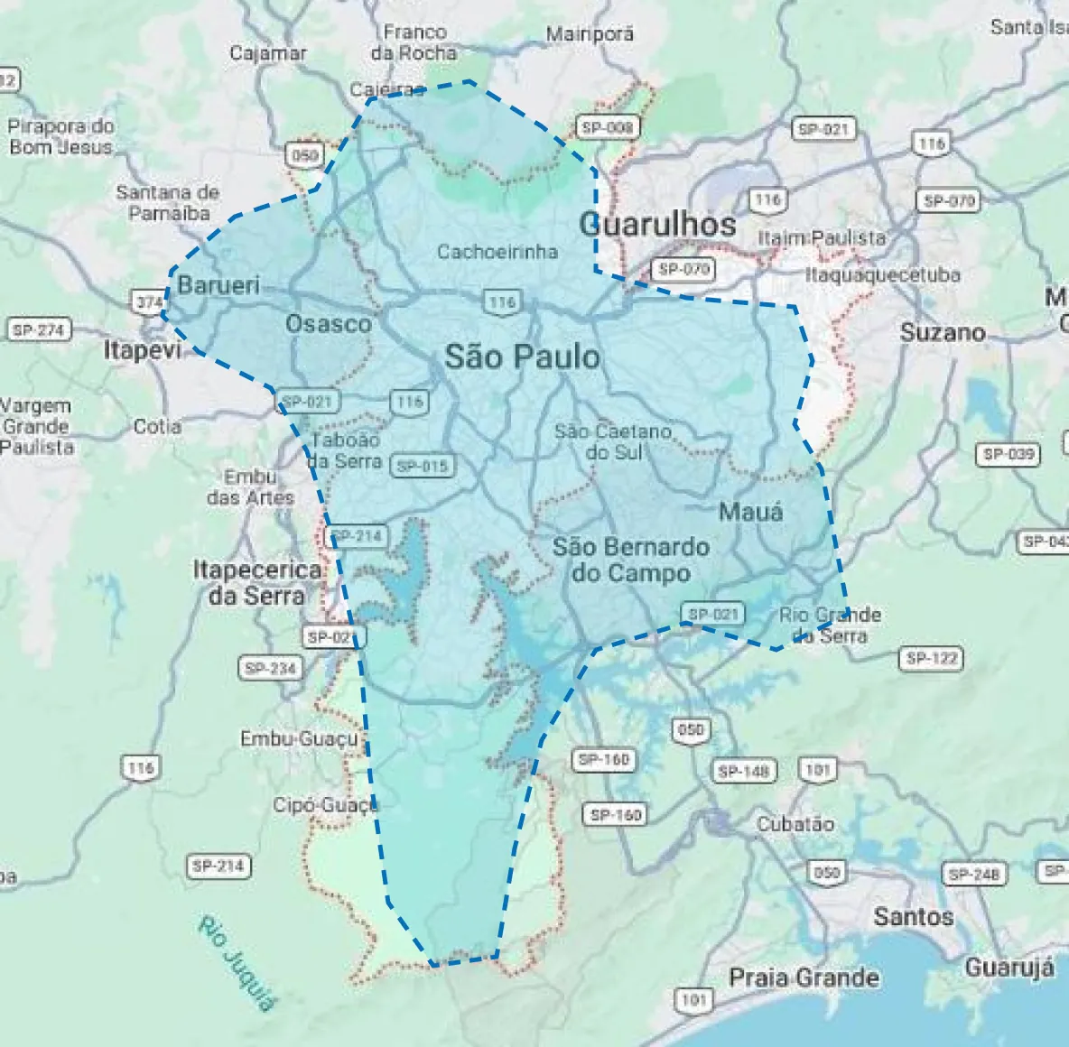 Mapa da região de atendimento: São Paulo, Barueri e ABC Paulista